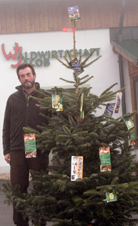 www.sternquell.de, Gunther Brand, Hartmut Jacob zeigt einen Weihnachtsbaum in den Farben von VFC, Sternquell und Waldwirtschaft Jacob, mit dem der Plauener Fußballclub und seine Fans unterstützt werden, schmücken kann ihn natürlich jeder nach eigenen Vorstellungen.